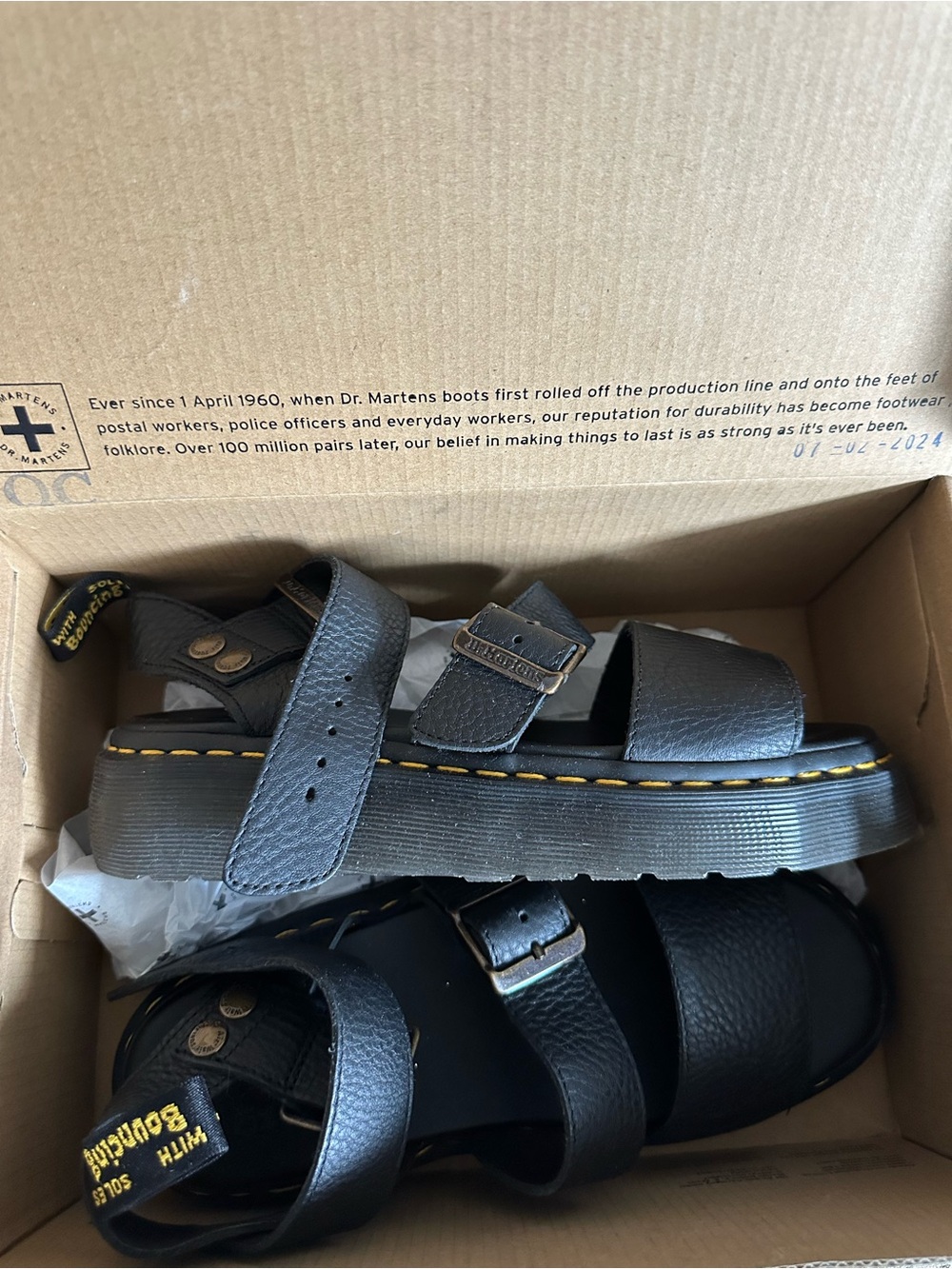 Dr. Martens Black Leather Platform Sandal with Yellow Stitching - Picture 2 of 3